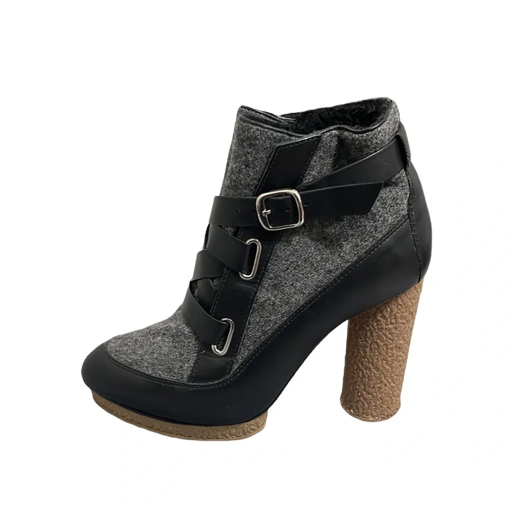 Loeffler Randall Serena Black Leather & Gray Flannel Platform Boots Size 8